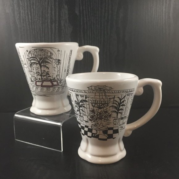 2 Pfaltzgraff Grand Hotel Reception Footed Pedestal Mugs White-Black - Picture 1 of 6